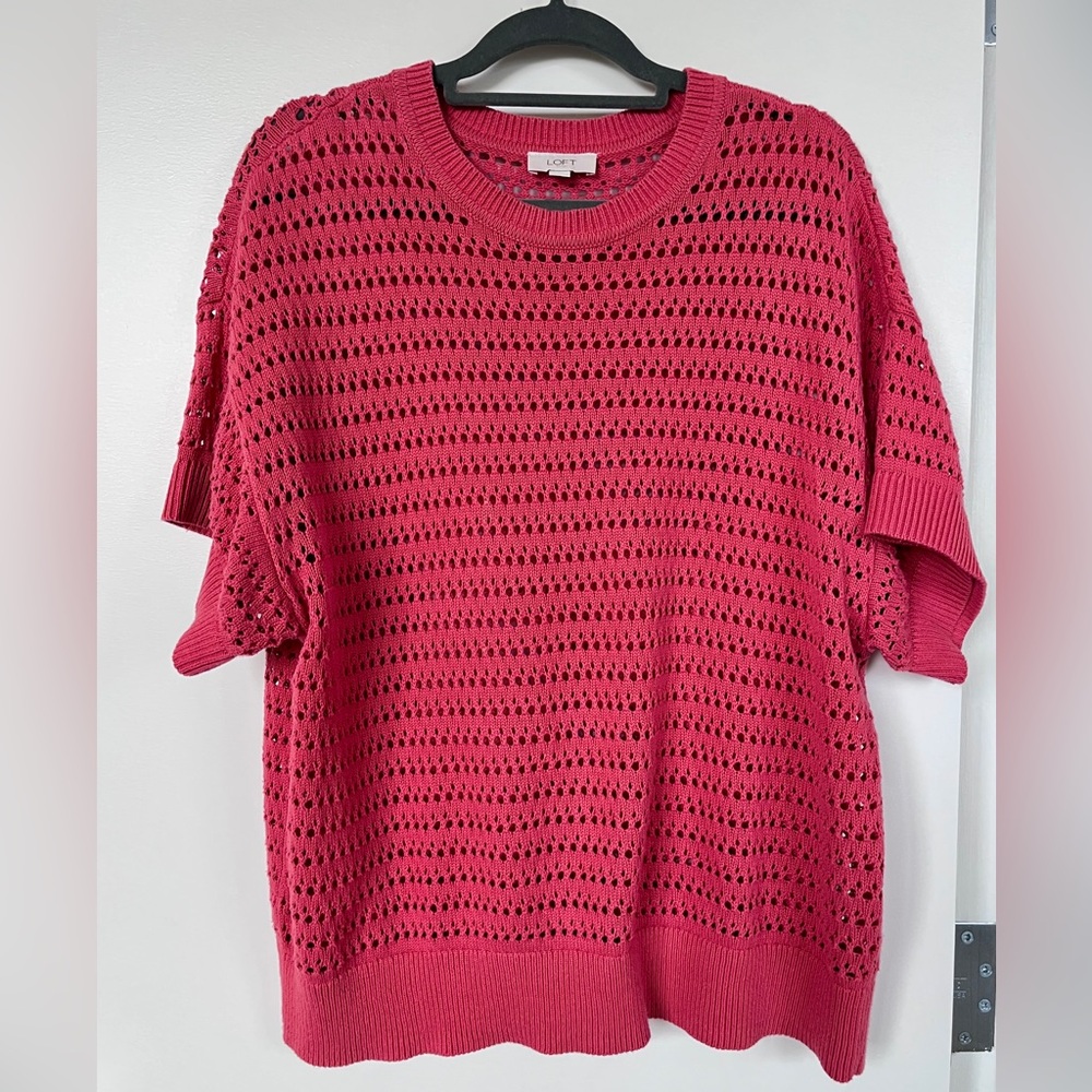 LOFT Pink Open-Knit Crew Neck Sweater with Short sleeves